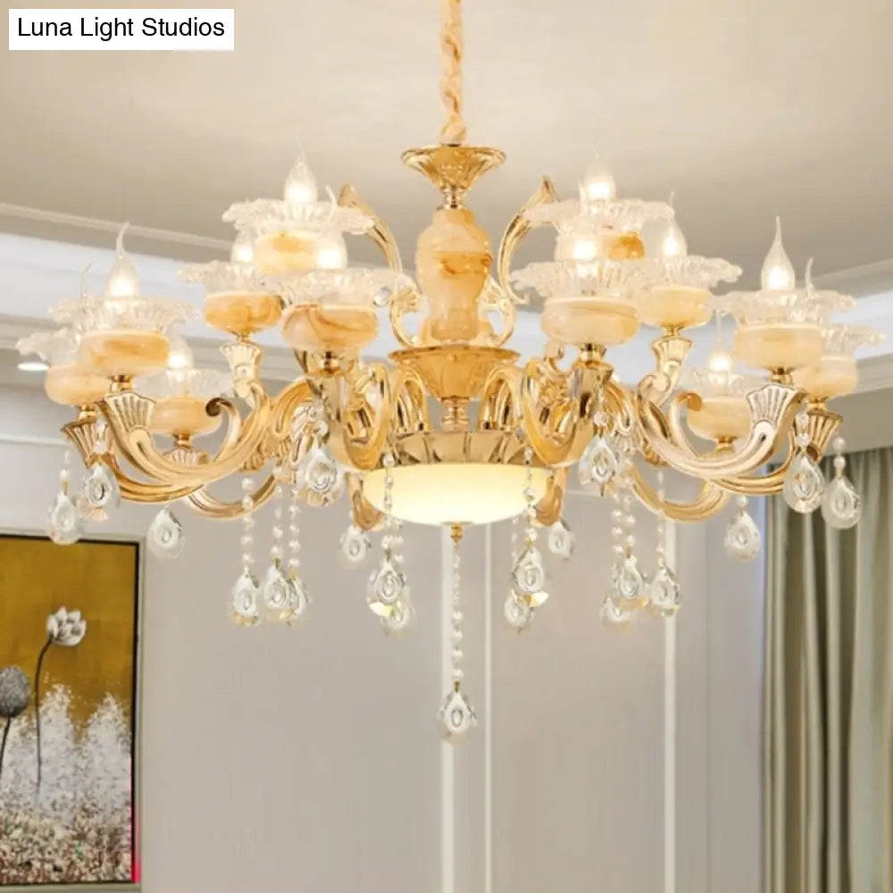 Retro Gold Floral Chandelier With Crystal Pendant Light Fixture - Elegant Glass Design For Living