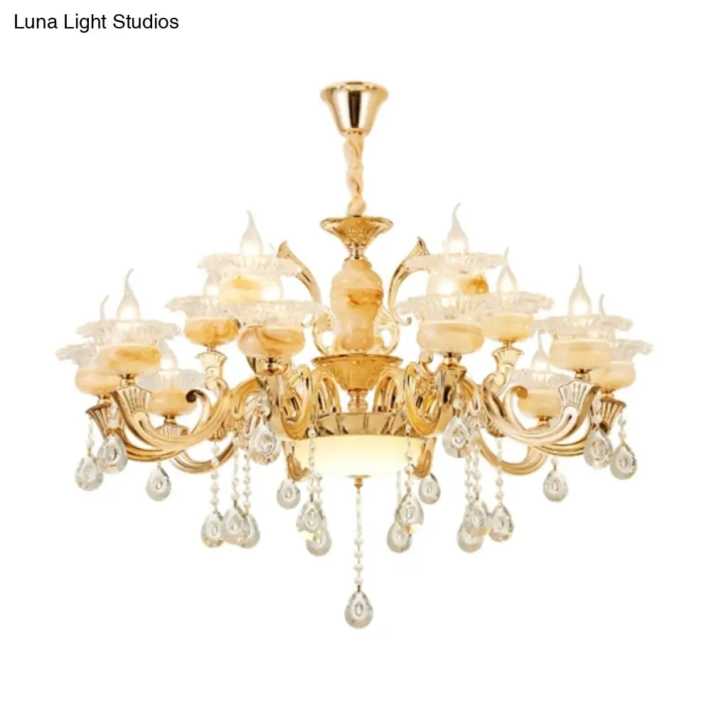 Retro Gold Floral Chandelier With Crystal Pendant Light Fixture - Elegant Glass Design For Living