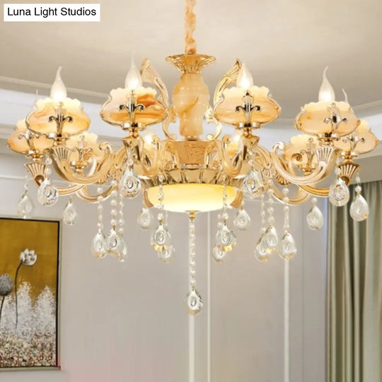 Retro Gold Floral Chandelier With Crystal Pendant Light Fixture - Elegant Glass Design For Living