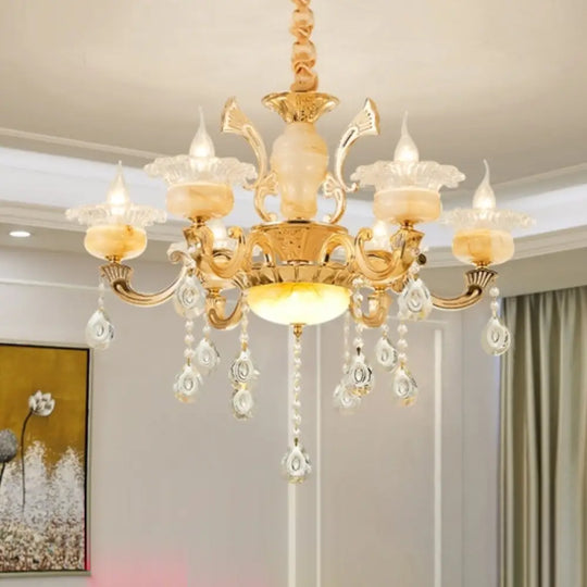 Retro Gold Floral Chandelier With Crystal Pendant Light Fixture - Elegant Glass Design For Living