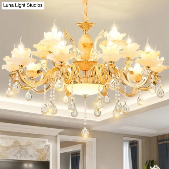 Retro Gold Floral Chandelier With Crystal Pendant Light Fixture - Elegant Glass Design For Living