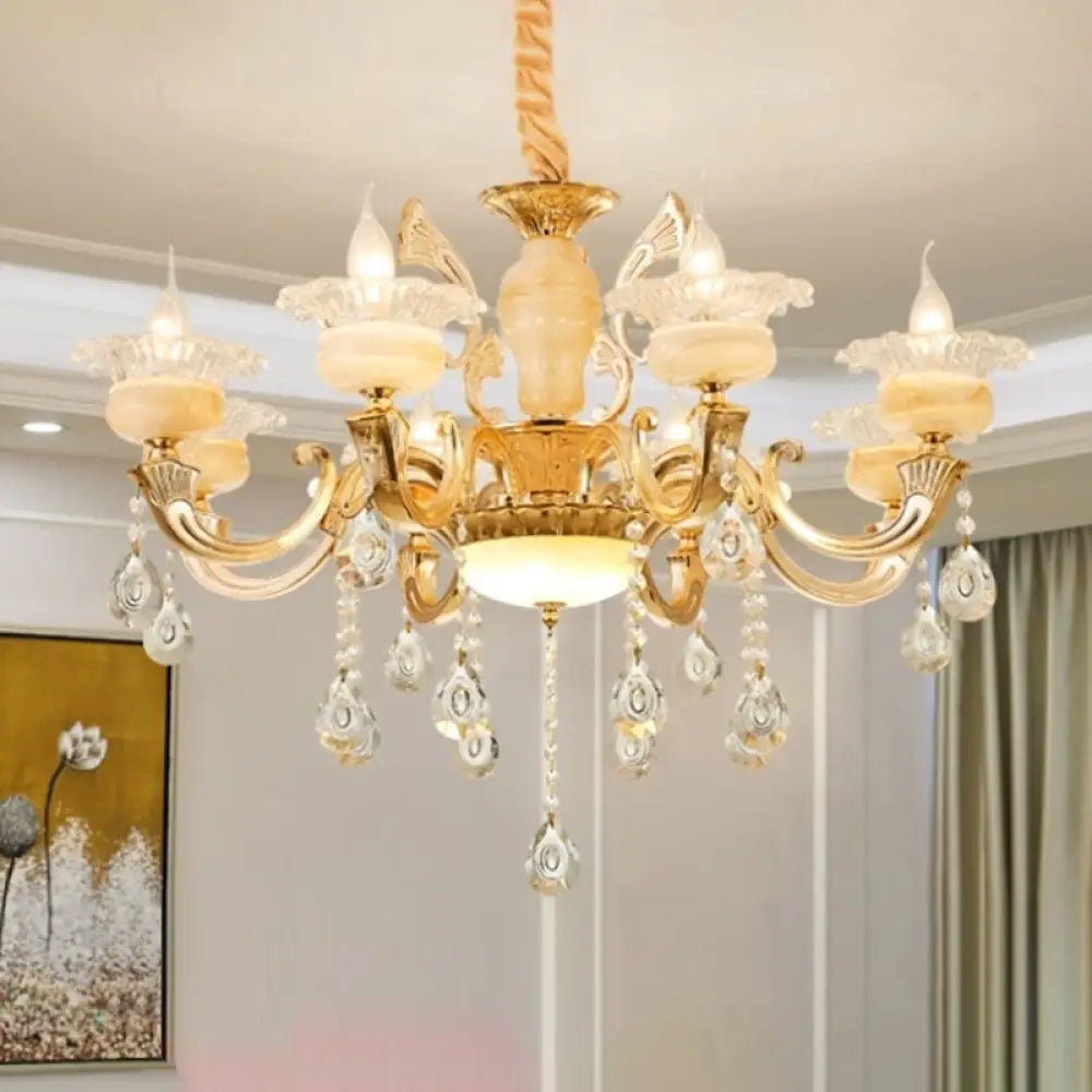 Retro Gold Floral Chandelier With Crystal Pendant Light Fixture - Elegant Glass Design For Living