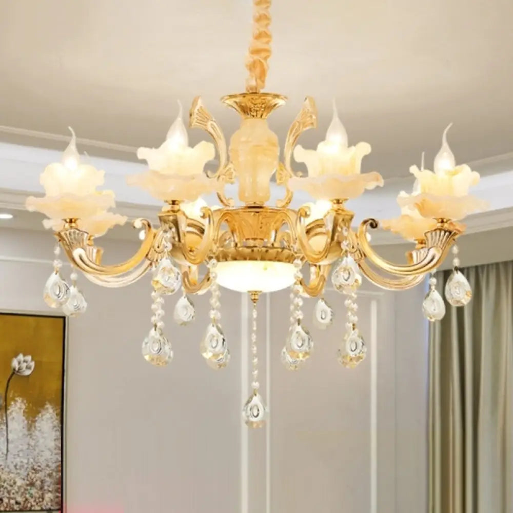 Retro Gold Floral Chandelier With Crystal Pendant Light Fixture - Elegant Glass Design For Living