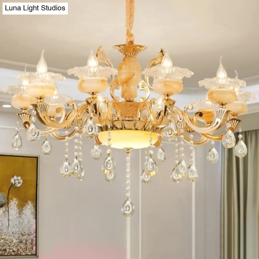 Retro Gold Floral Chandelier With Crystal Pendant Light Fixture - Elegant Glass Design For Living