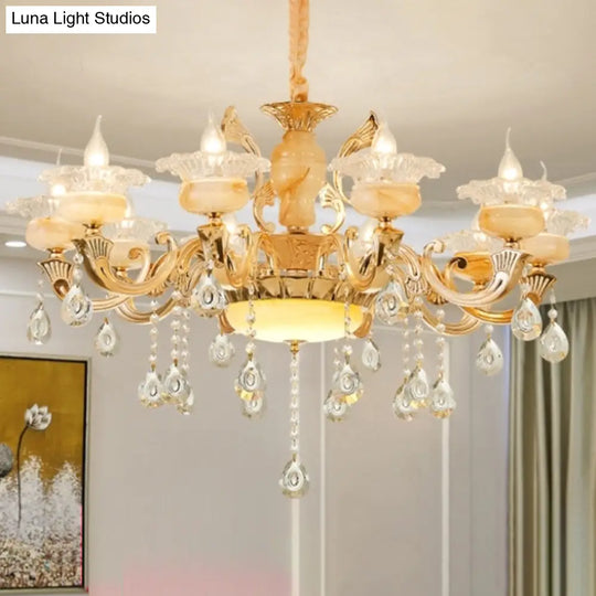 Retro Gold Floral Chandelier With Crystal Pendant Light Fixture - Elegant Glass Design For Living