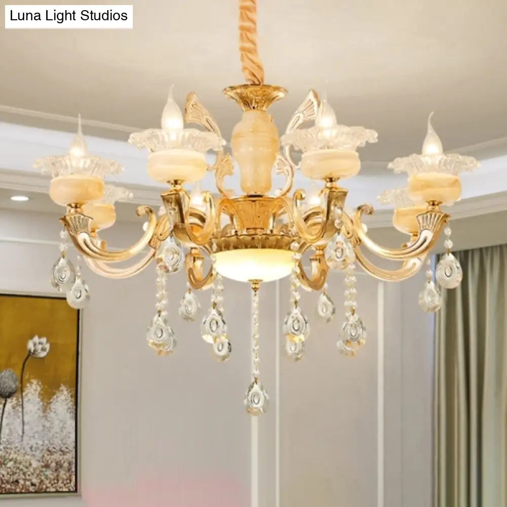 Retro Gold Floral Chandelier With Crystal Pendant Light Fixture - Elegant Glass Design For Living