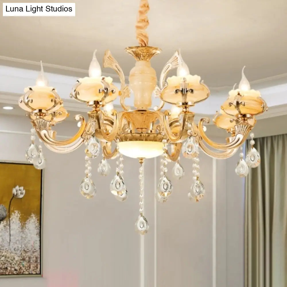 Retro Gold Floral Chandelier With Crystal Pendant Light Fixture - Elegant Glass Design For Living