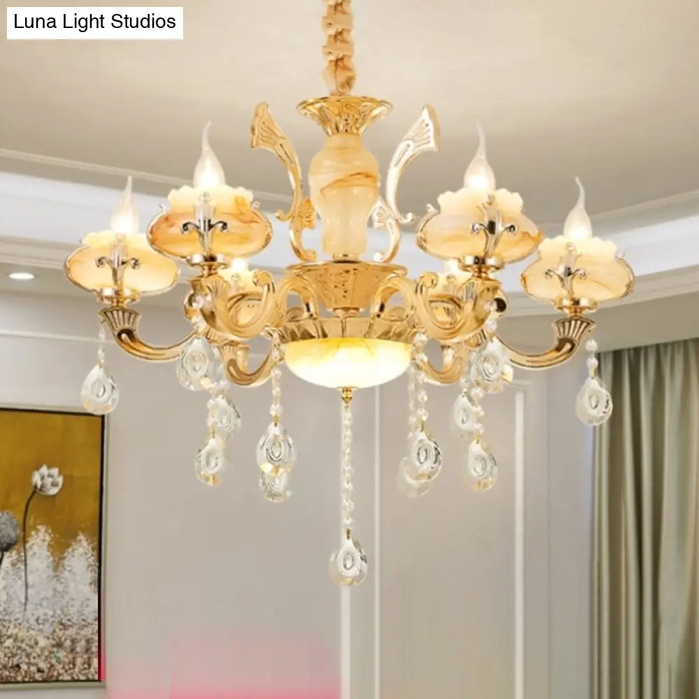 Retro Gold Floral Chandelier With Crystal Pendant Light Fixture - Elegant Glass Design For Living