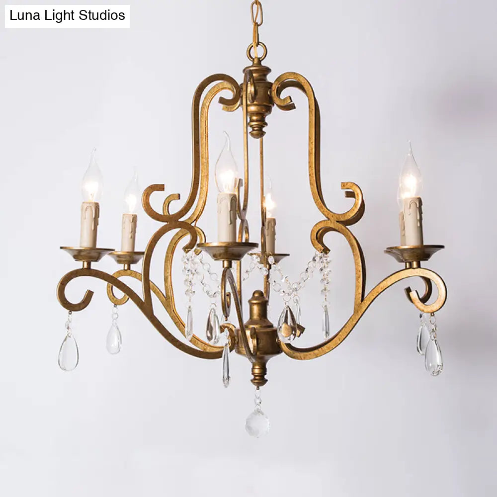 Retro Gold Pendant Chandelier With Crystal Draping - 6 Light Metal Candle Fixture