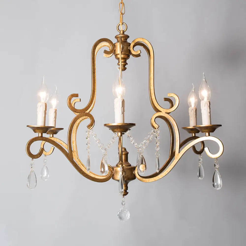 Retro Gold Pendant Chandelier With Crystal Draping - 6 Light Metal Candle Fixture