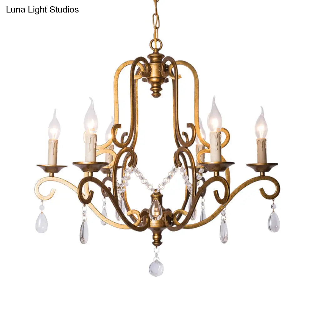 Retro Gold Pendant Chandelier With Crystal Draping - 6 Light Metal Candle Fixture