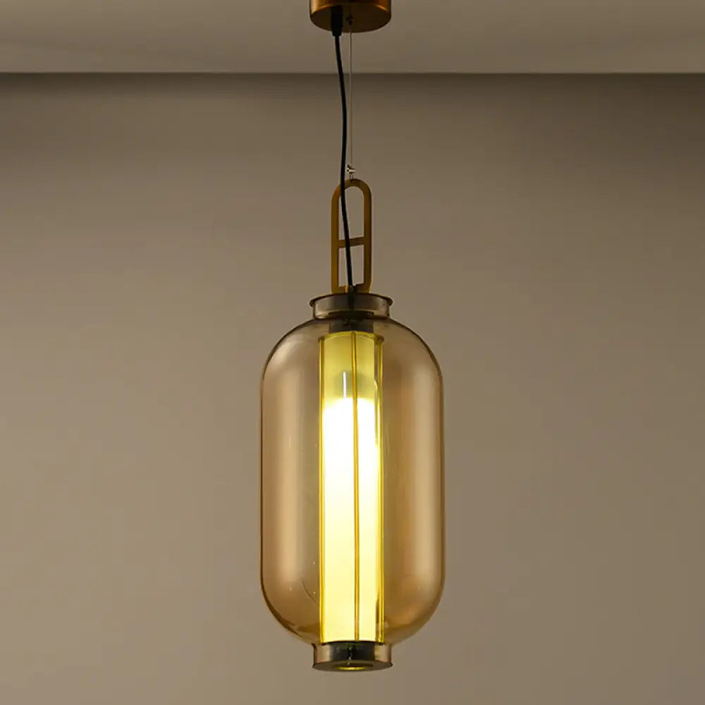 Retro Gold Pendulum Light With Amber Glass Sphere/Ellipse/Oblong Design And Tube Frame Insert