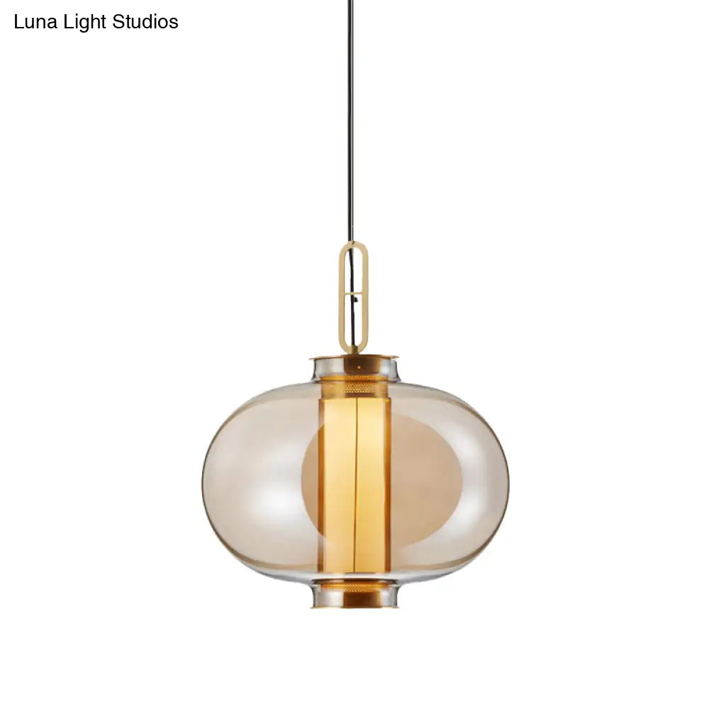 Retro Gold Pendulum Light With Amber Glass Sphere/Ellipse/Oblong Design And Tube Frame Insert