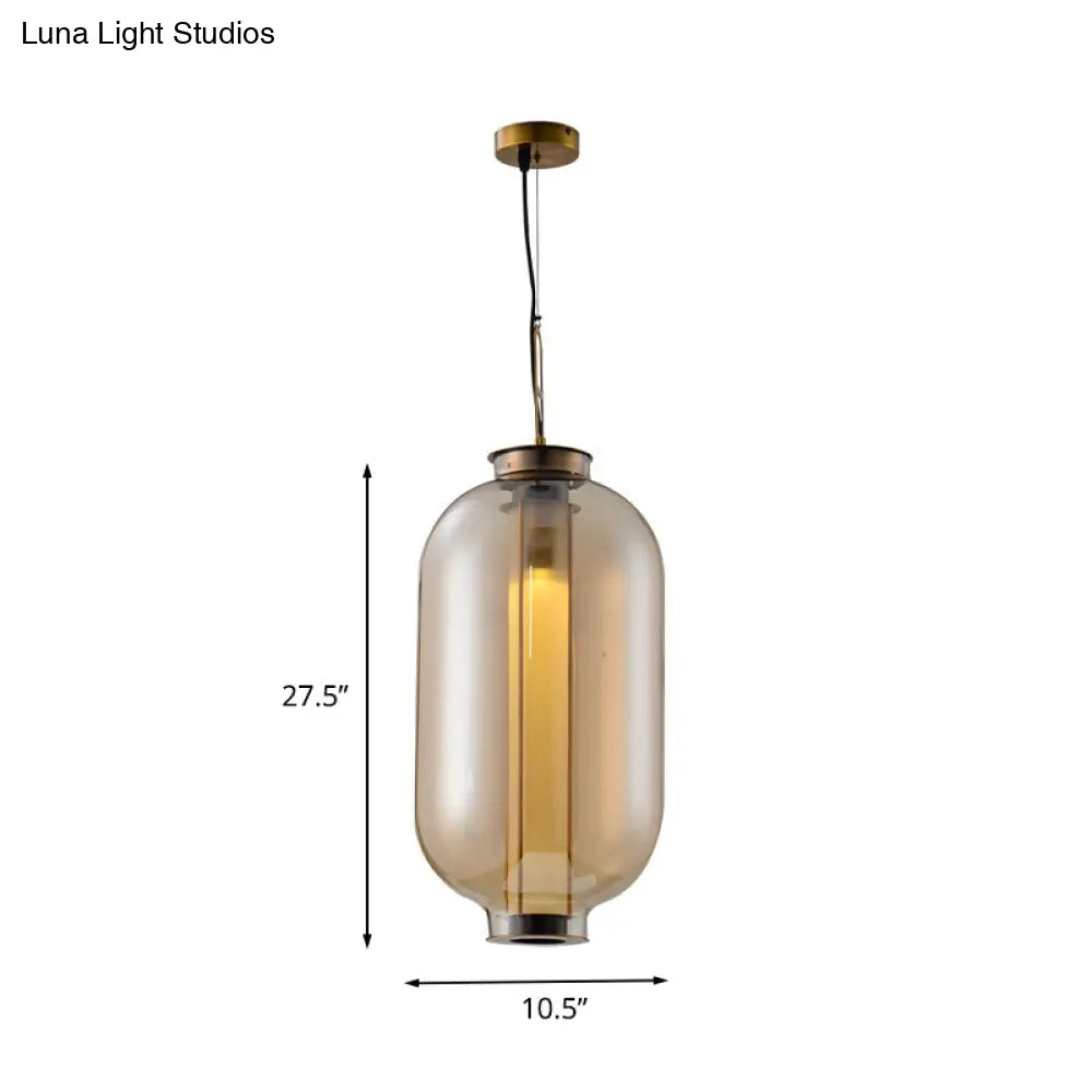 Retro Gold Pendulum Light With Amber Glass Sphere/Ellipse/Oblong Design And Tube Frame Insert