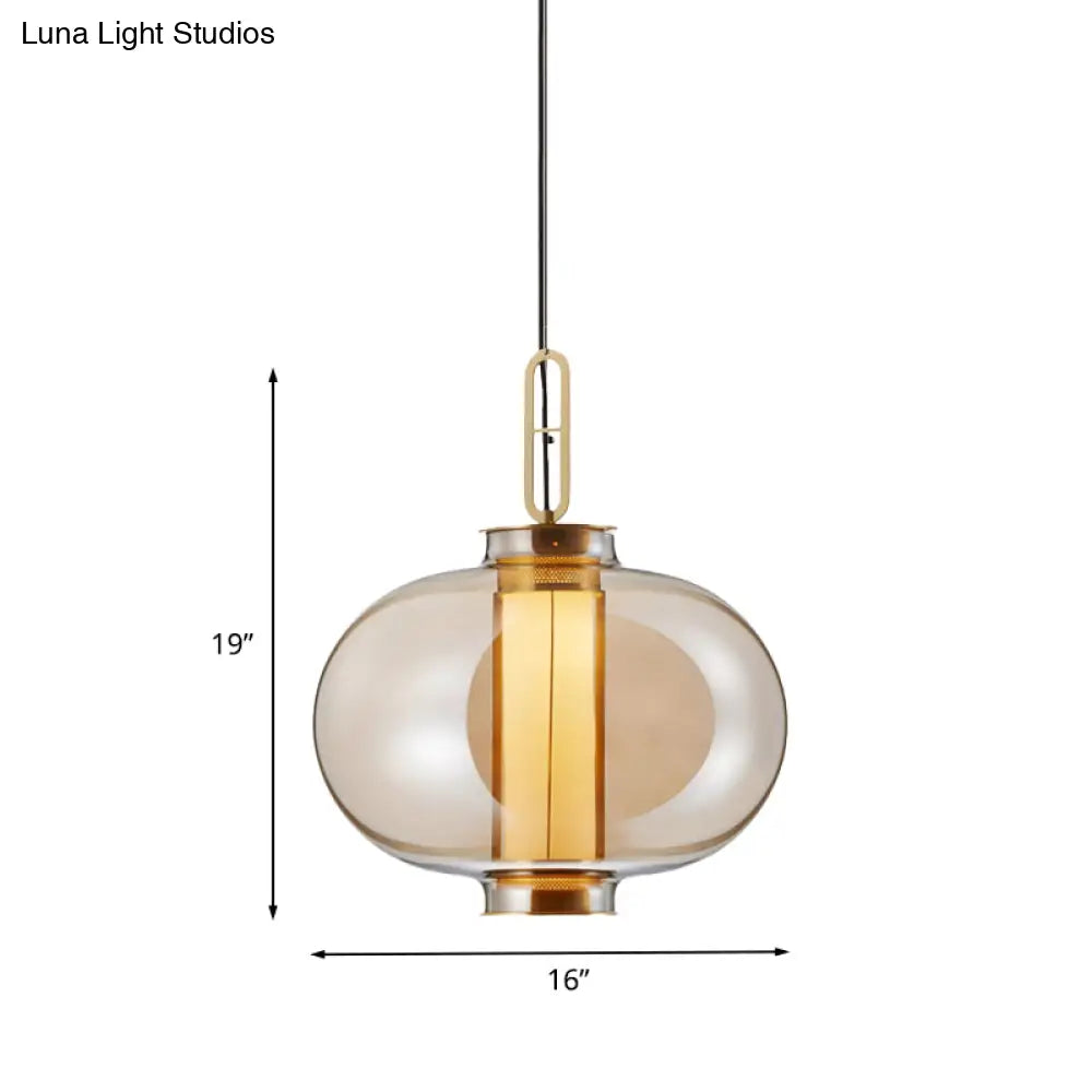 Retro Gold Pendulum Light With Amber Glass Sphere/Ellipse/Oblong Design And Tube Frame Insert