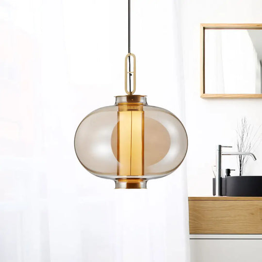 Retro Gold Pendulum Light With Amber Glass Sphere/Ellipse/Oblong Design And Tube Frame Insert