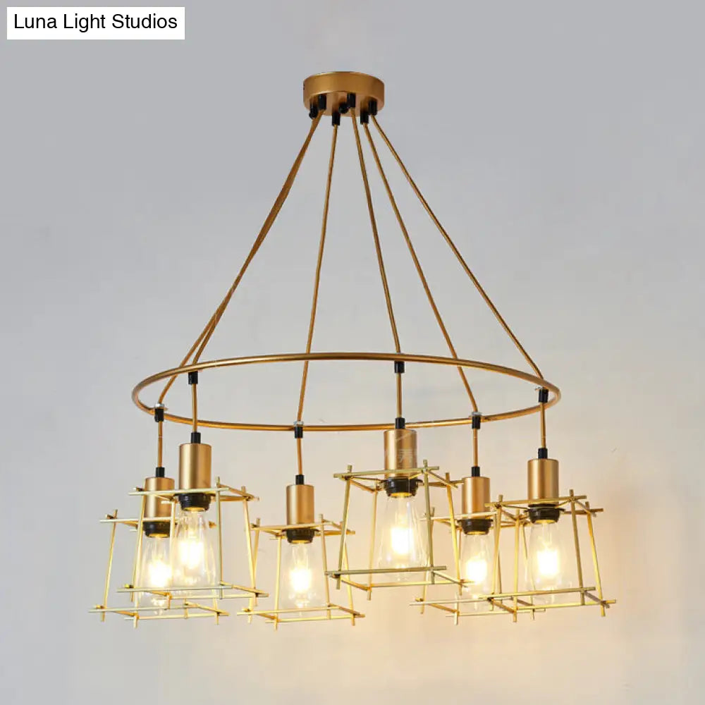 Retro Stylish Gold Cage Ring Chandelier: 6 Bulb Iron Hanging Light