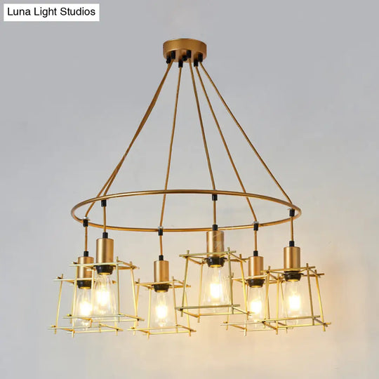 Retro Stylish Gold Cage Ring Chandelier: 6 Bulb Iron Hanging Light