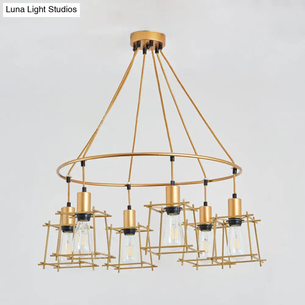 Retro Gold Ring Chandelier With Square Cage Shade - Stylish 6-Bulb Iron Hanging Light