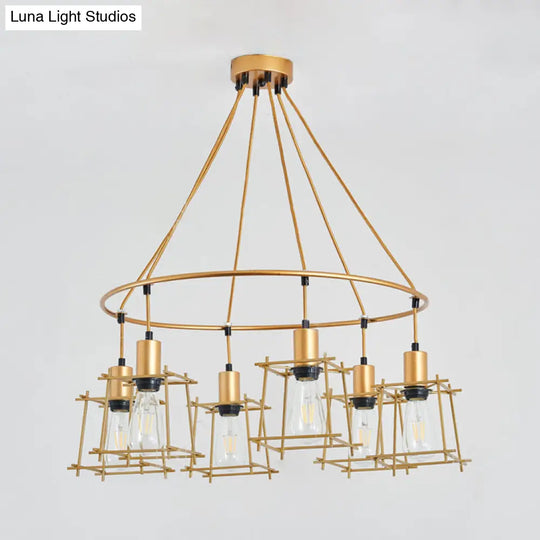 Retro Gold Ring Chandelier With Square Cage Shade - Stylish 6-Bulb Iron Hanging Light