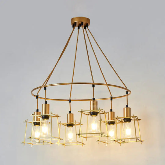 Retro Gold Ring Chandelier With Square Cage Shade - Stylish 6-Bulb Iron Hanging Light