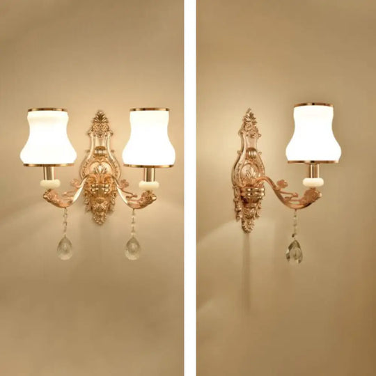 Retro Gold Wall Mount Light With Floral Glass Shade And Hanging Crystal Elegant Lighting 1 / H