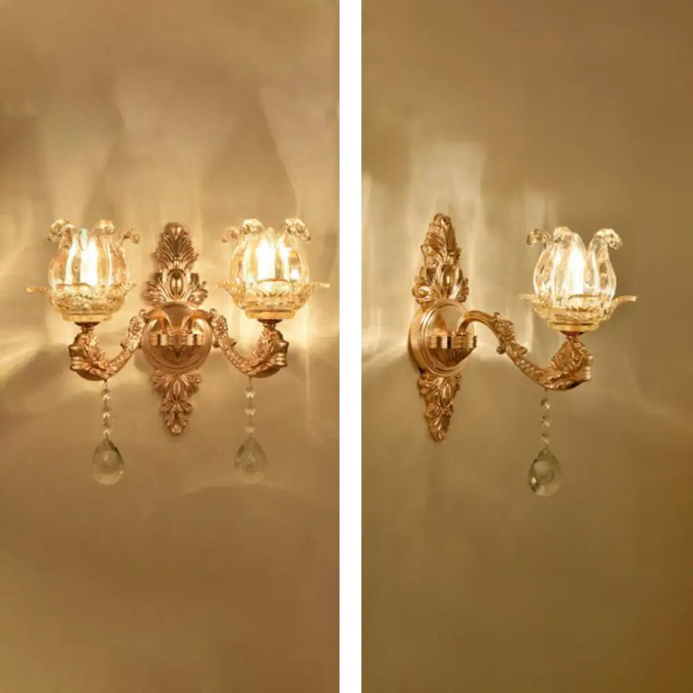 Retro Gold Wall Mount Light With Floral Glass Shade And Hanging Crystal Elegant Lighting 1 / I