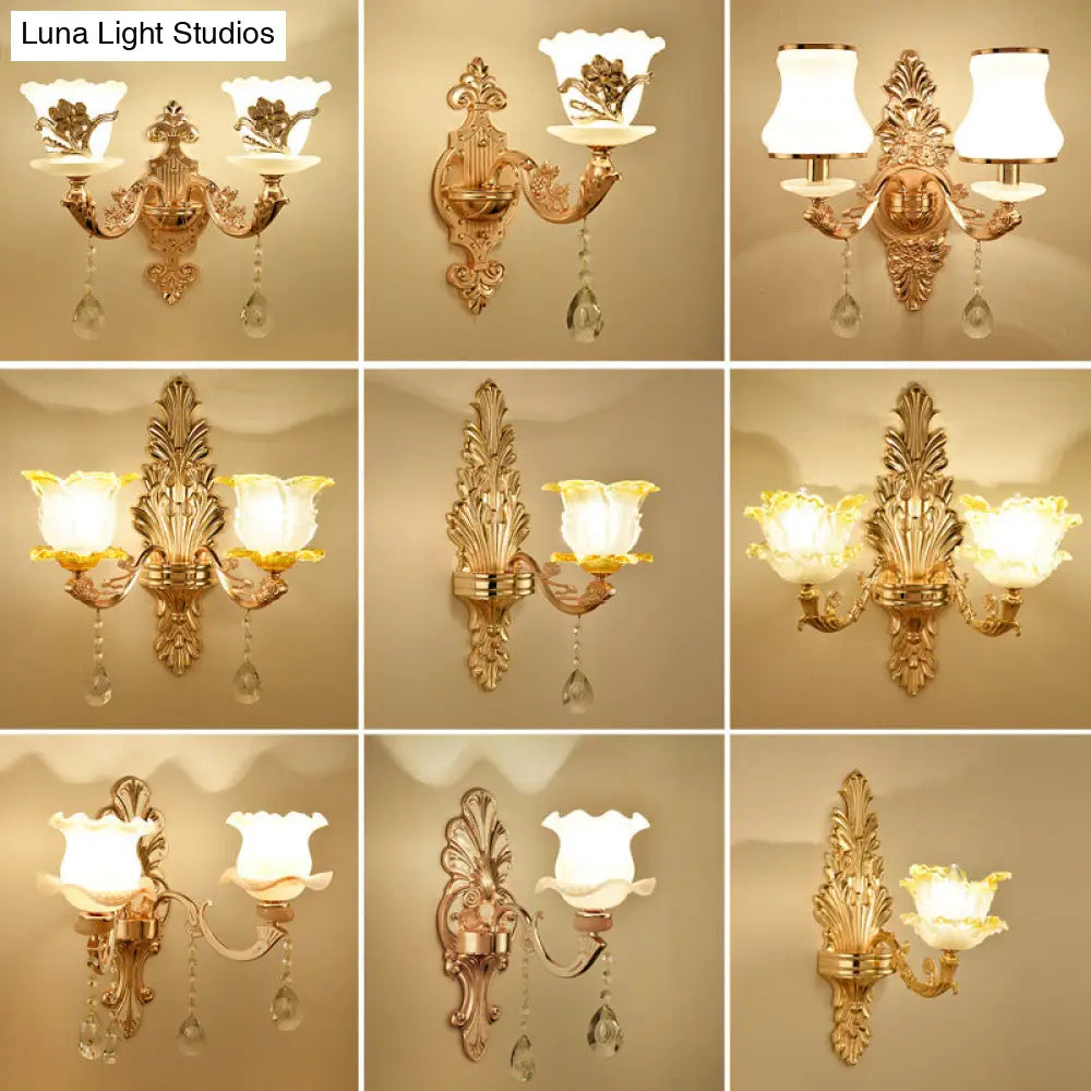 Retro Gold Wall Mount Light With Floral Glass Shade And Hanging Crystal Elegant Lighting