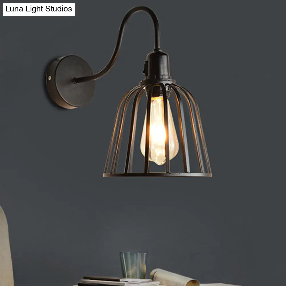 Retro Gooseneck Wall Sconce In Black With Bell Cage Shade - Ideal Dining Room Lighting