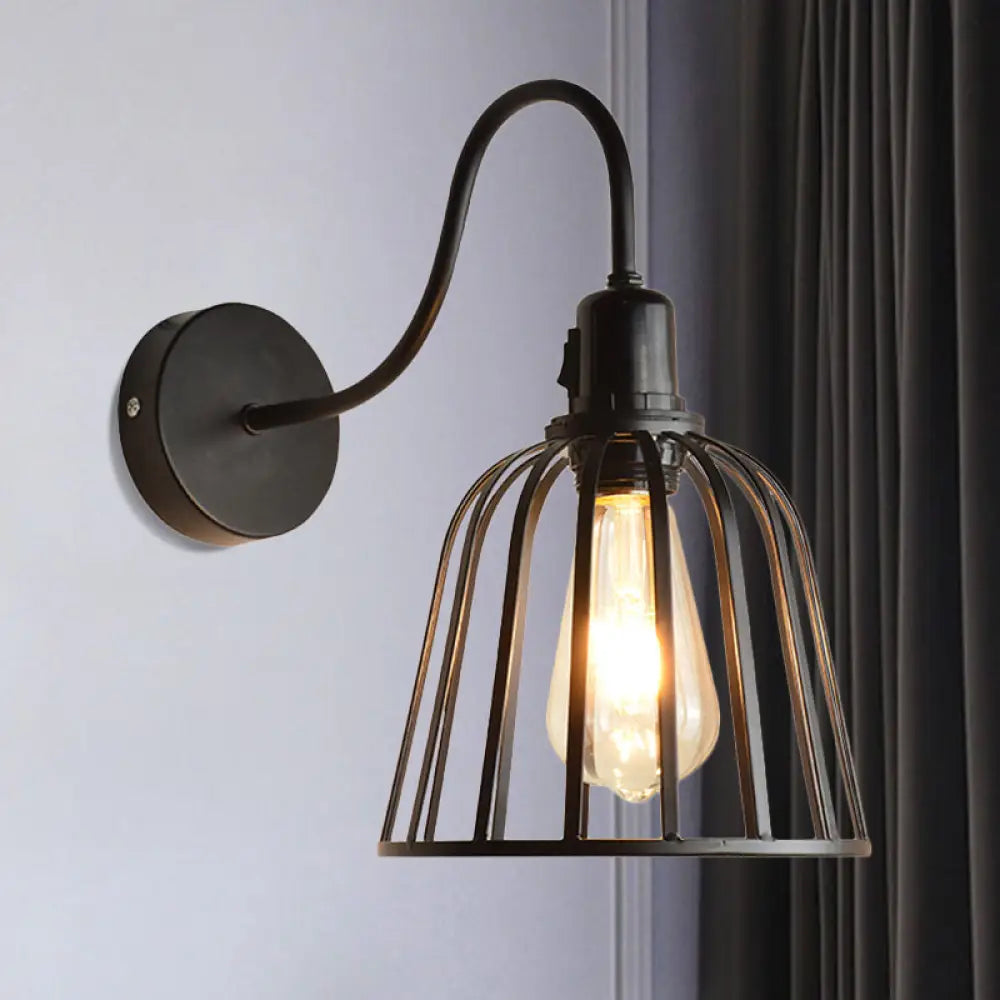 Retro Gooseneck Wall Sconce In Black With Bell Cage Shade - Ideal Dining Room Lighting