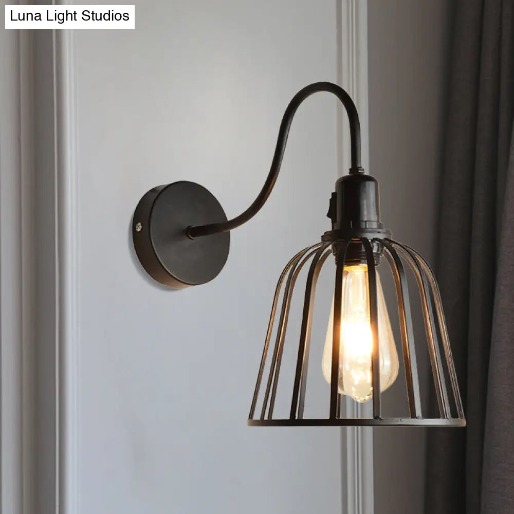 Retro Gooseneck Wall Sconce In Black With Bell Cage Shade - Ideal Dining Room Lighting