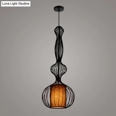 Retro Gourd Shaped Iron Pendant Light With Fabric Shade - Black 1 Bulb Stylish Ceiling Hanging