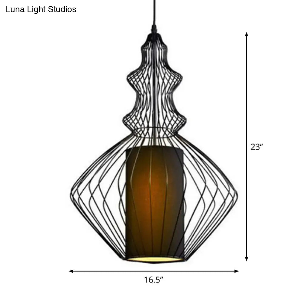 Gourd Shaped Iron Pendant Light - Retro Dining Room Ceiling Hanging Lantern With Black Fabric Shade