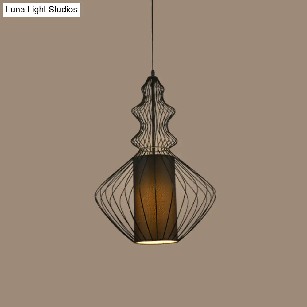 Retro Gourd Shaped Iron Pendant Light With Fabric Shade - Black 1 Bulb Stylish Ceiling Hanging