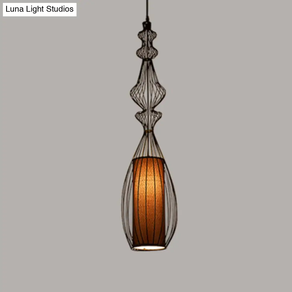 Retro Gourd Shaped Iron Pendant Light With Fabric Shade - Black 1 Bulb Stylish Ceiling Hanging