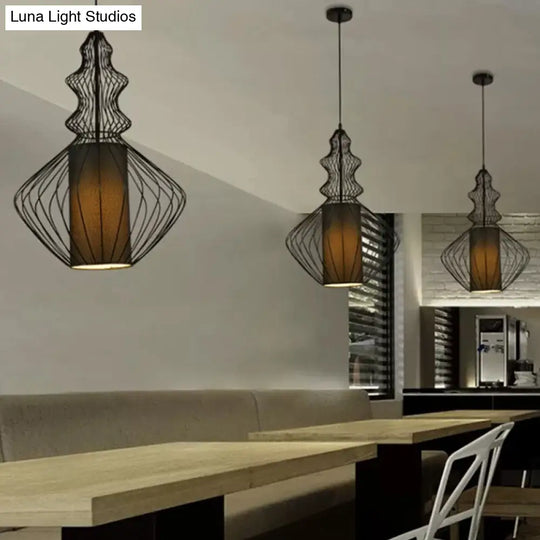 Gourd Shaped Iron Pendant Light - Retro Dining Room Ceiling Hanging Lantern With Black Fabric Shade