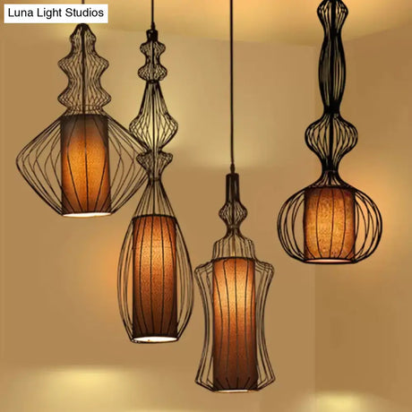 Retro Gourd Shaped Iron Pendant Light With Fabric Shade - Black 1 Bulb Stylish Ceiling Hanging