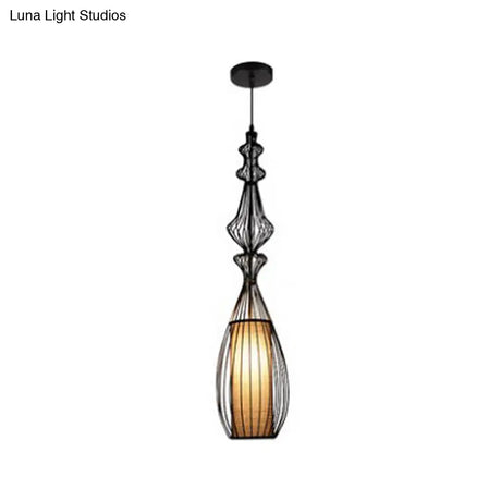 Retro Gourd Shaped Iron Pendant Light With Fabric Shade - Black 1 Bulb Stylish Ceiling Hanging