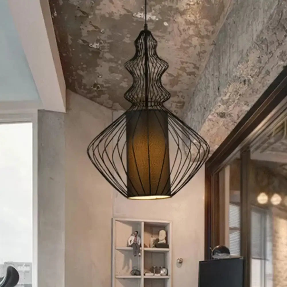 Retro Gourd Shaped Iron Pendant Light With Fabric Shade - Black 1 Bulb Stylish Ceiling Hanging