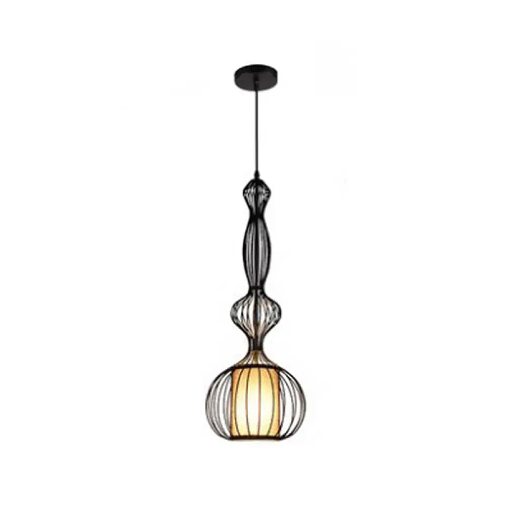 Retro Gourd Shaped Iron Pendant Light With Fabric Shade - Black 1 Bulb Stylish Ceiling Hanging