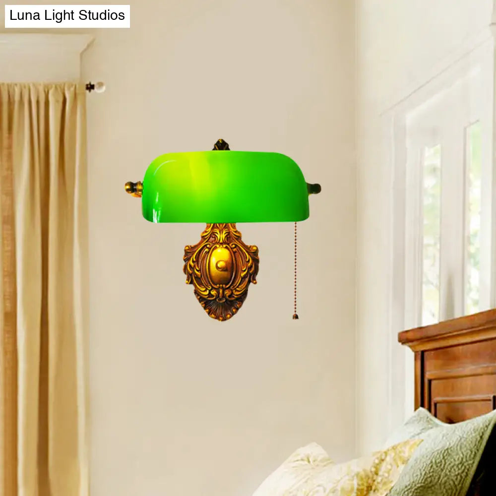 Retro Green Glass Wall Sconce With Pull Chain And Adjustable Joint For Bedroom