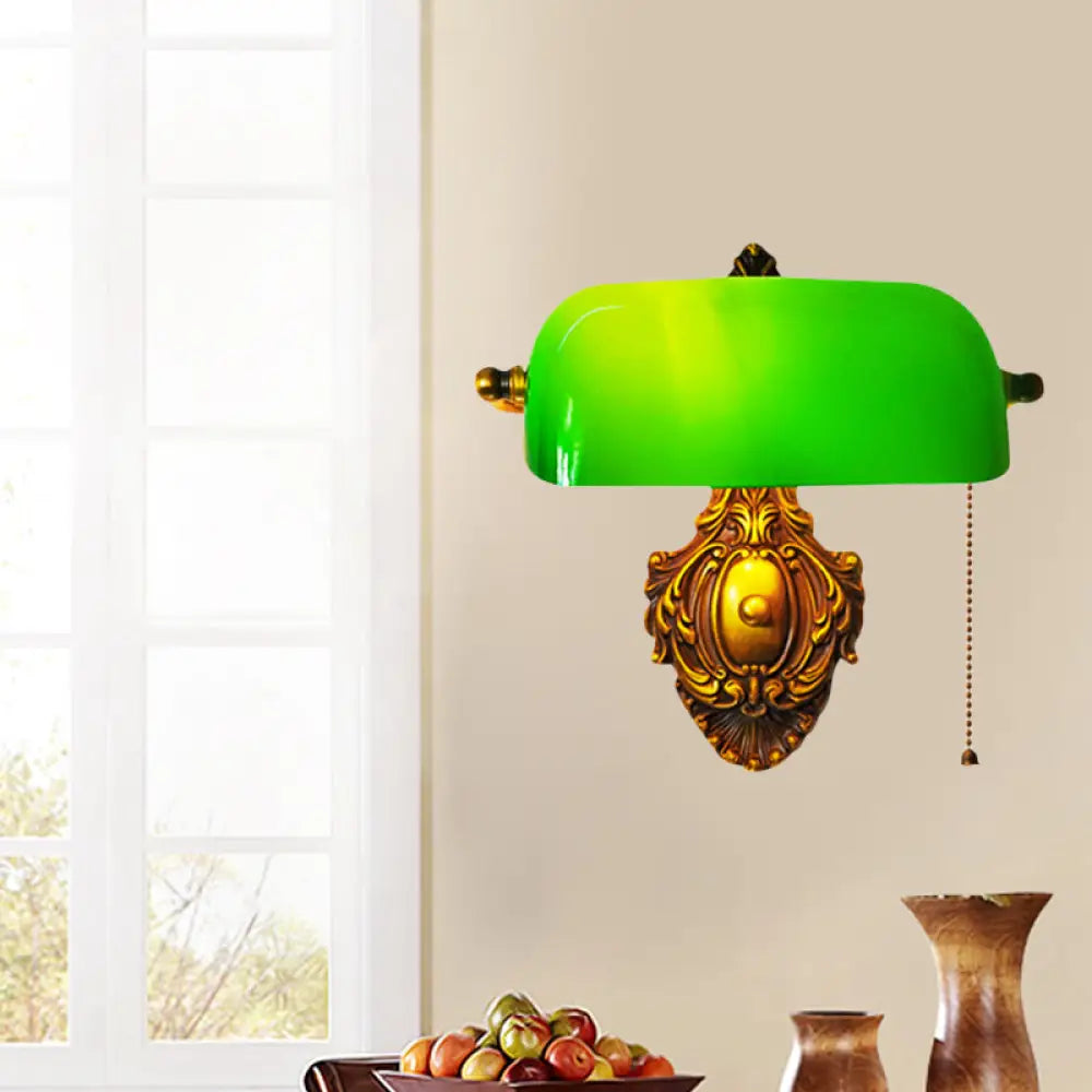 Retro Green Glass Wall Sconce With Pull Chain And Adjustable Joint For Bedroom