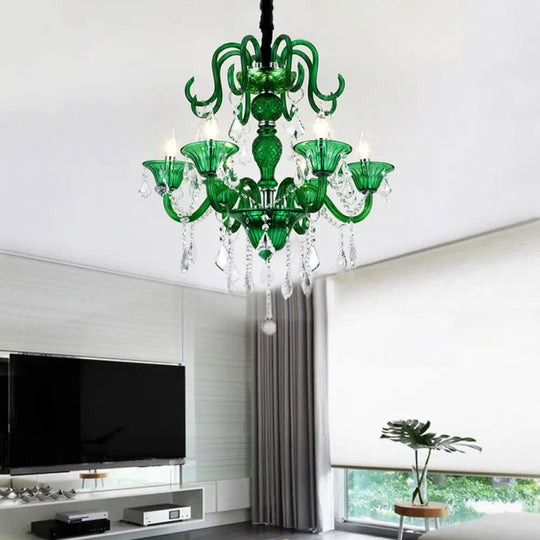 Retro Green Pendant Chandelier With Crystal Shade - 6 Heads For Living Room