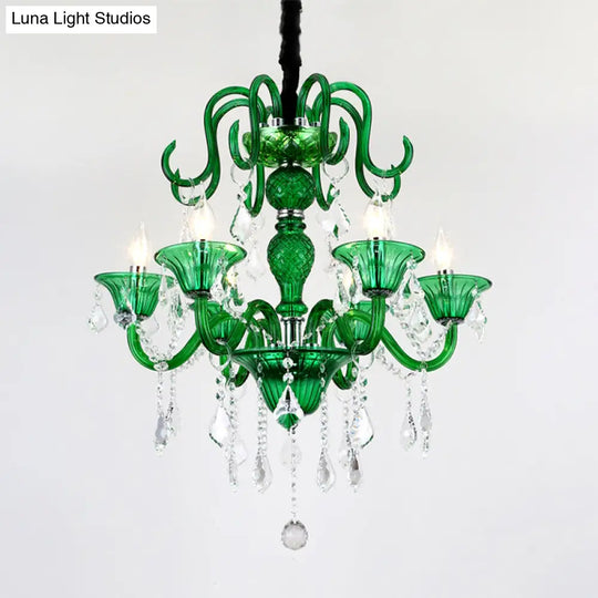 Retro Green Pendant Chandelier With Crystal Shade - 6 Heads For Living Room