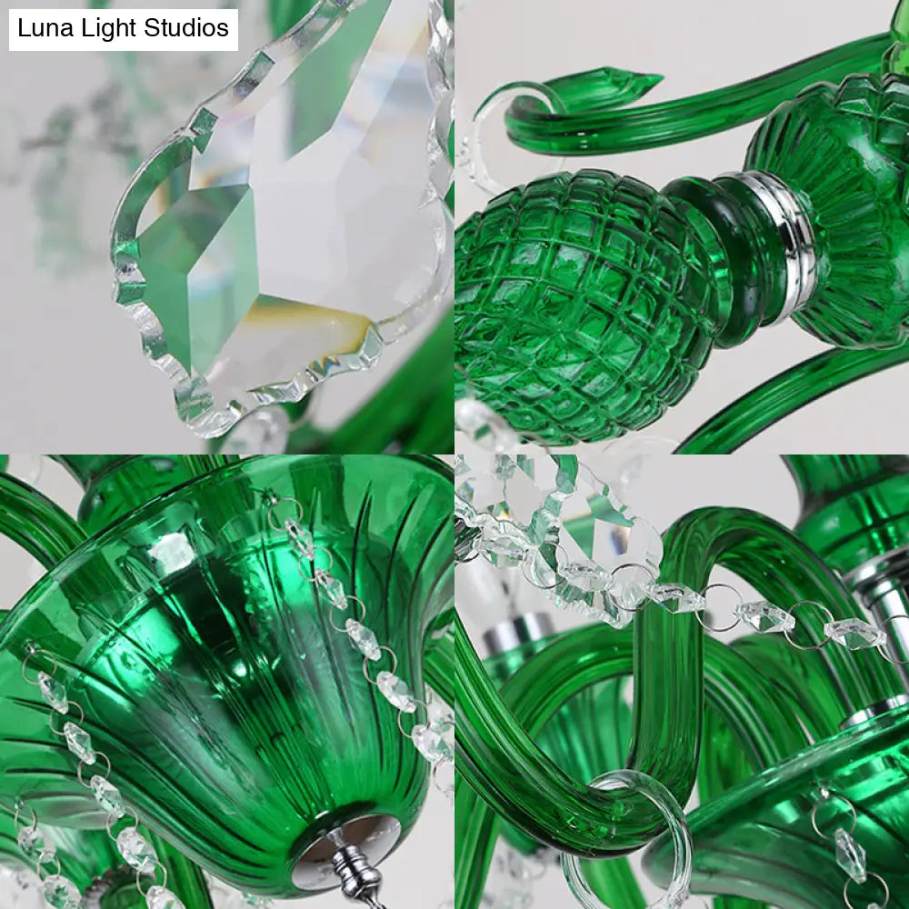 Retro Green Pendant Chandelier With Crystal Shade - 6 Heads For Living Room