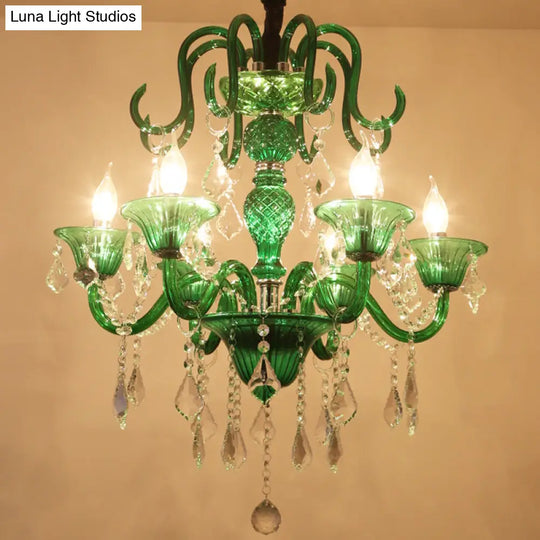 Retro Green Pendant Chandelier With Crystal Shade - 6 Heads For Living Room