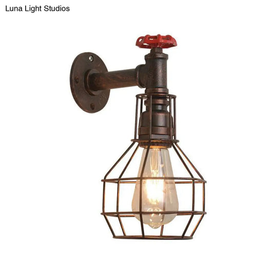 Retro Grenade Cage Wall Light With Water Valve - Rustic Metallic Restaurant Fixture