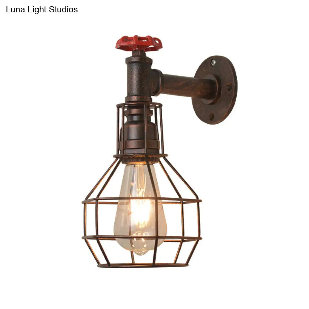 Retro Grenade Cage Wall Light With Water Valve - Rustic Metallic Restaurant Fixture