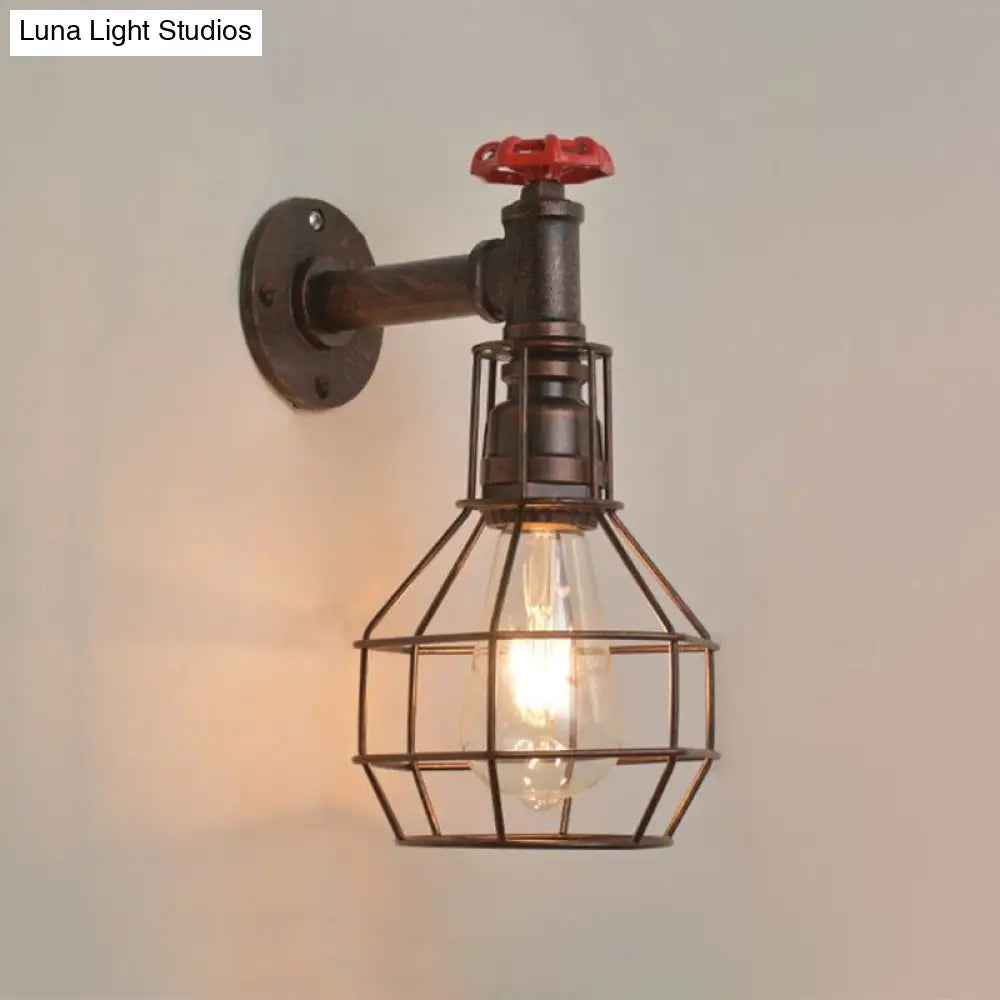 Retro Grenade Cage Wall Light With Water Valve - Rustic Metallic Restaurant Fixture