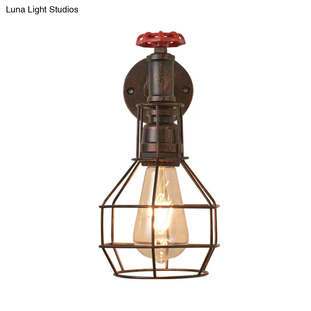 Retro Grenade Cage Wall Light With Water Valve - Rustic Metallic Restaurant Fixture